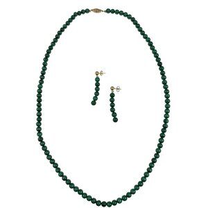 Vintage Green Malachite Womens Necklace & Gold Tone Earrings Set Elegant Design